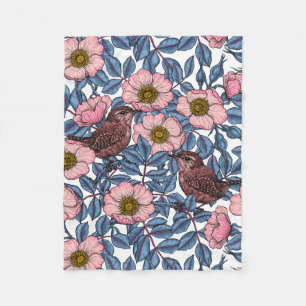 Wrens in the roses fleece blanket