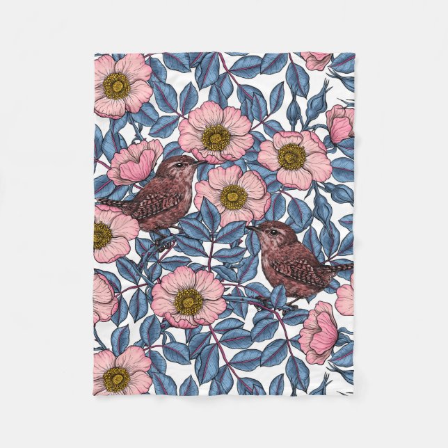 Wrens in the roses fleece blanket (Front)