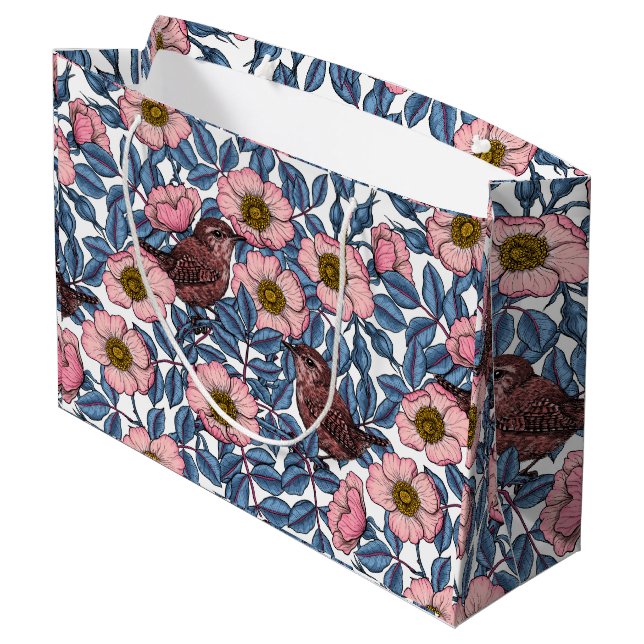 Wrens in the roses large gift bag (Back Angled)