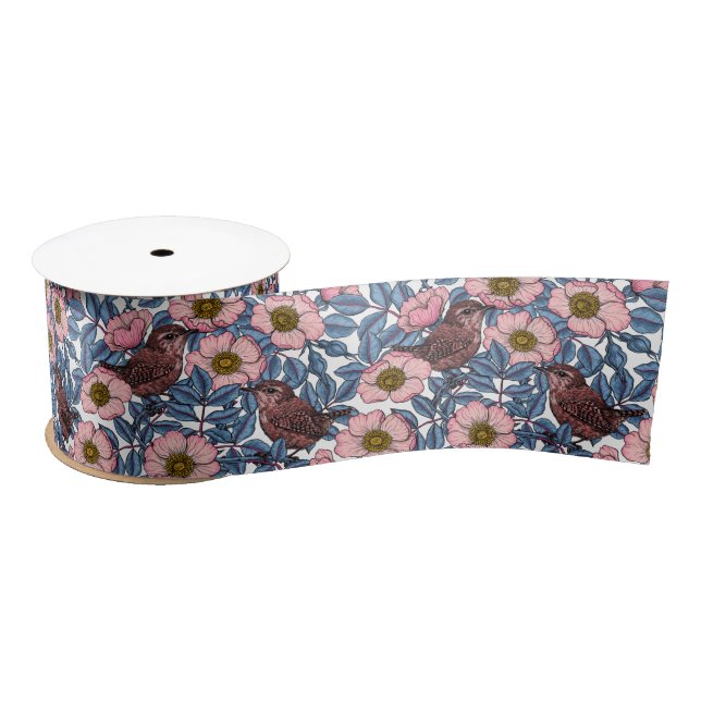 Wrens in the roses satin ribbon (Spool)