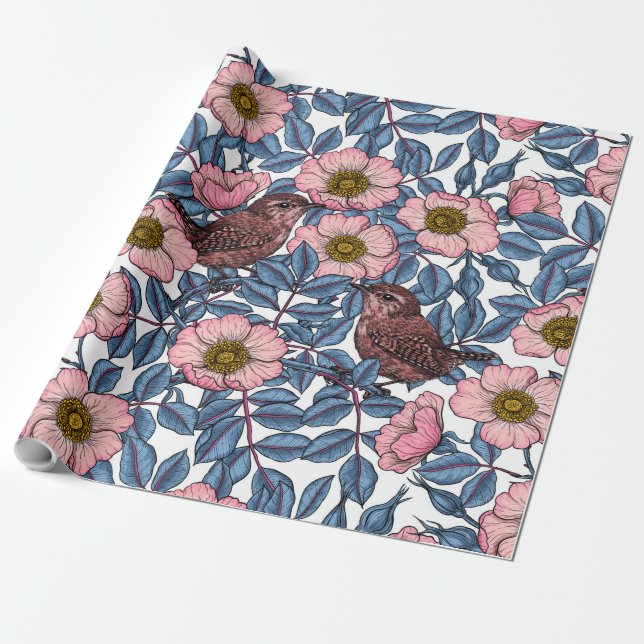 Wrens in the roses wrapping paper (Unrolled)