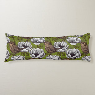 Wrens in the white anemone garden body pillow