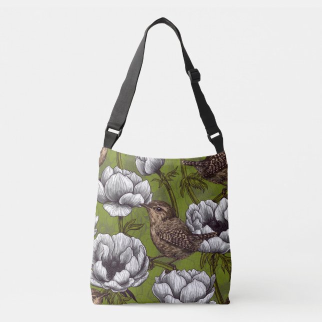 Wrens in the white anemone garden crossbody bag (Front)