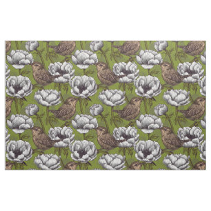 Wrens in the white anemone garden fabric