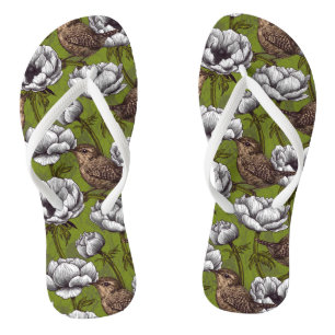 Wrens in the white anemone garden flip flops