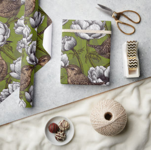 Wrens in the white anemone garden wrapping paper
