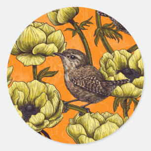 Wrens in the yellow anemone garden classic round sticker