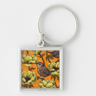 Wrens in the yellow anemone garden keychain