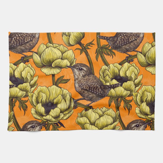 Wrens in the yellow anemone garden kitchen towel (Horizontal)