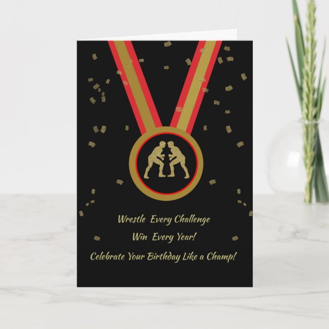 Wrestler Birthday Black Gold and Red Medal Champ Card (Front)