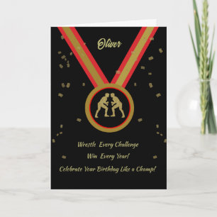 Wrestler Birthday Black Gold and Red Medal Champ Card