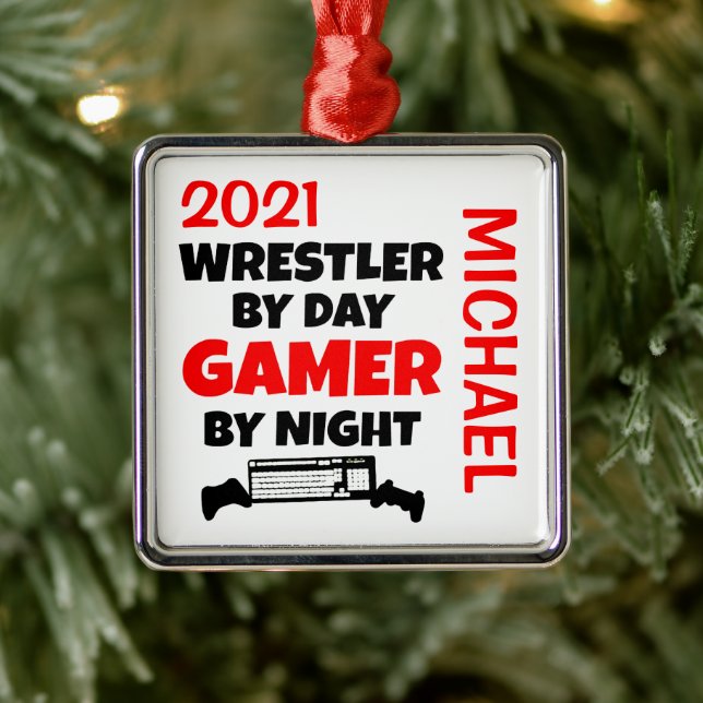 Wrestler Loves Playing Video Games CUSTOM Metal Ornament (Tree)