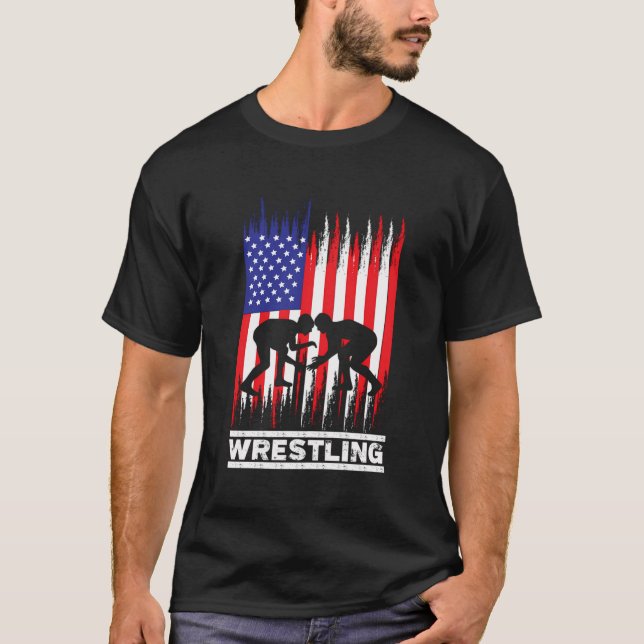 Wrestler Wrestling Fans American Flag T-Shirt (Front)