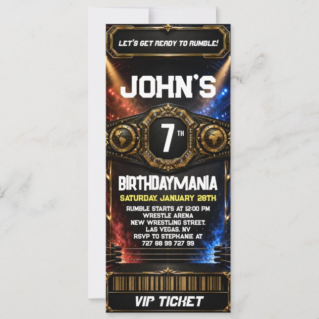 Wrestling Birthday Party Ticket Invitation Theme (Front)