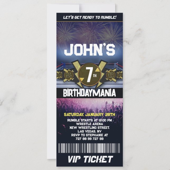 Wrestling Birthday Party Ticket Invitation Theme (Front)