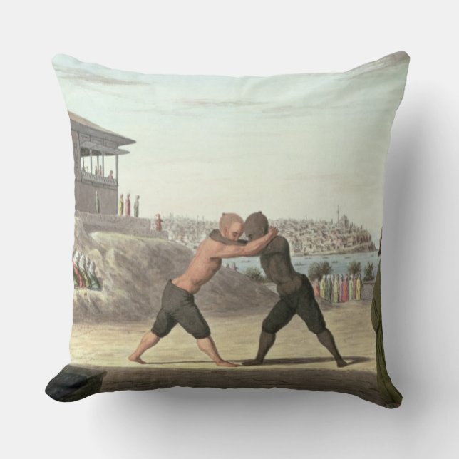 Wrestling Match, Constantinople (w/c on paper) Throw Pillow (Front)