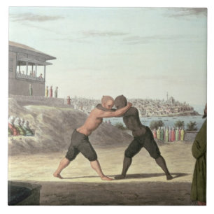 Wrestling Match, Constantinople (w/c on paper) Tile