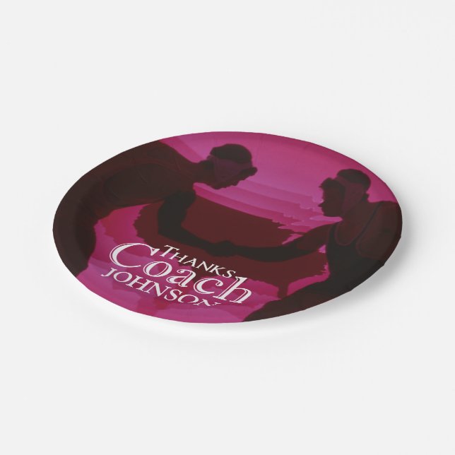 Wrestling Thanks Coach Silhouette Red Paper Plate (Angled)
