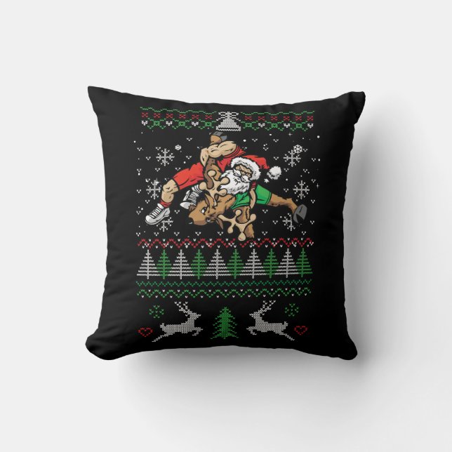 Wrestling Ugly Christmas Wrestler Santa Reindeer F Throw Pillow (Front)