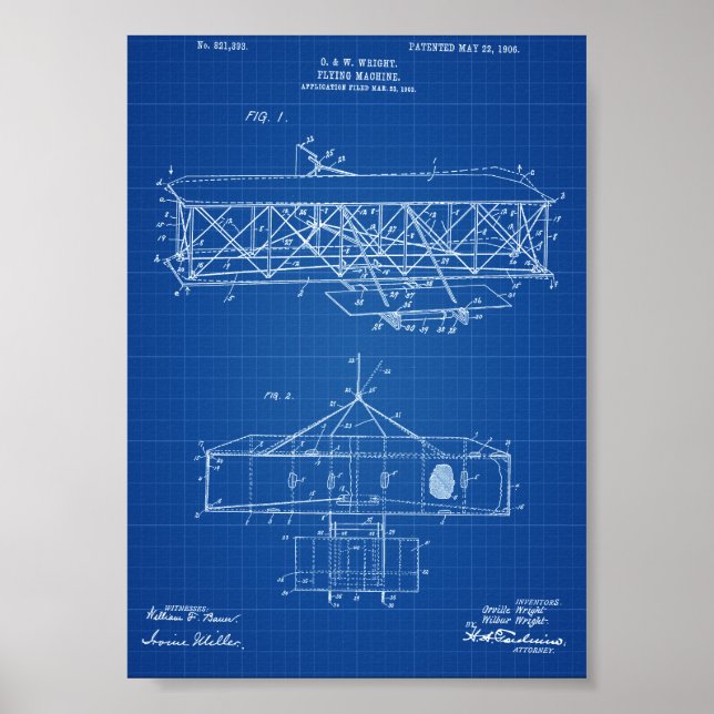 Wright Brothers Airplane Patent - Blueprint Poster (Front)