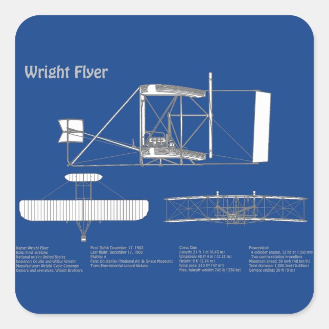 Wright Flyer- Airplane Blueprint Drawing Plans ABD Square Sticker (Front)