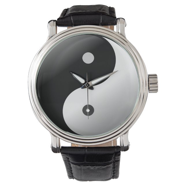 Wrist watch Black Vintage Leather yin yang. (Front)