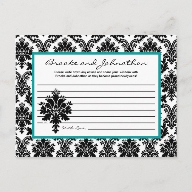 Writable Advice Card Black Teal Damask Lace (Front)