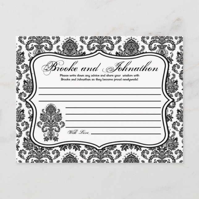 Writable Advice Card Black White Damask Lace Print (Front)