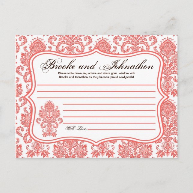 Writable Advice Card Coral White Damask Lace Print (Front)