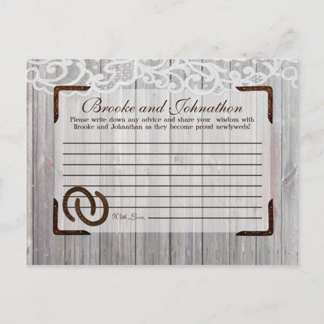 Writable Advice Card Horse Shoes on Wood Lace (Front)