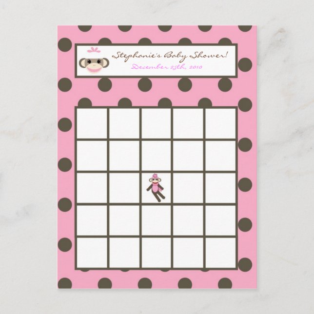 Writable Bingo Card Pink Sock Monkey (Front)