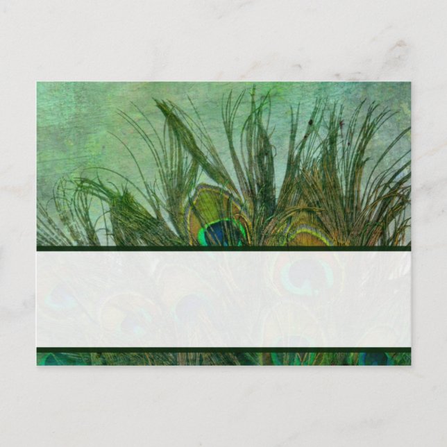Writable Place Card Peacock Green Feathers (Front)