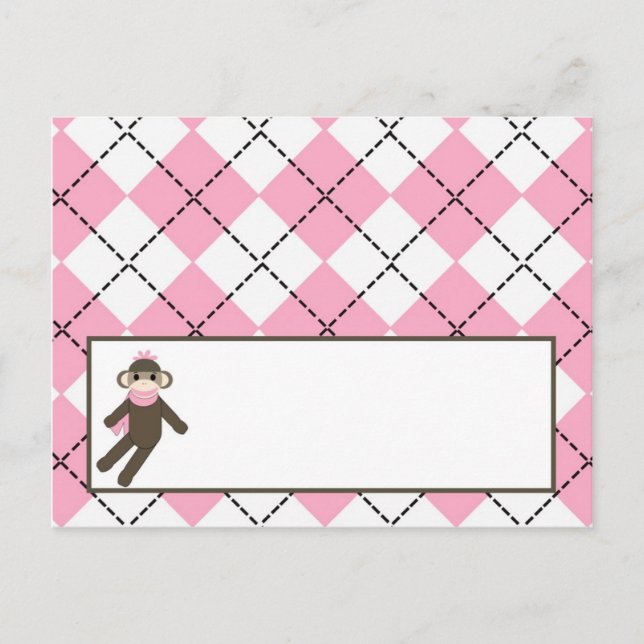 Writable Place Card Pink Argyle Sock Monkey (Front)
