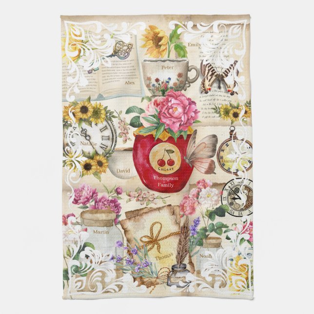 Write everyone name on the antique illustrations kitchen towel (Vertical)