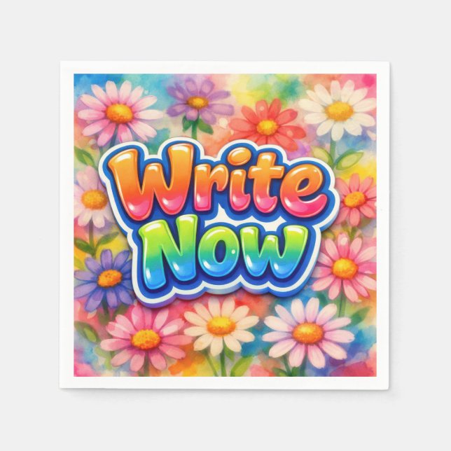 Write Now Text with Neon Daisy Garden Napkin (Front)
