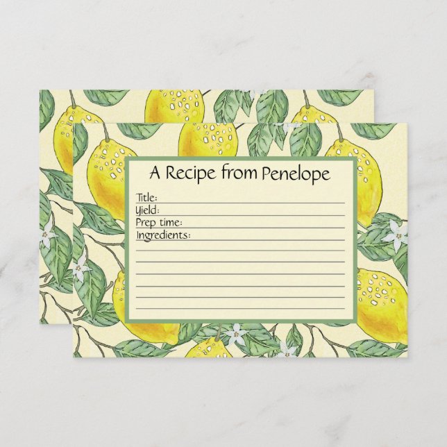 Write on Recipe Card Cute Lemons Pattern and Name  (Front/Back)
