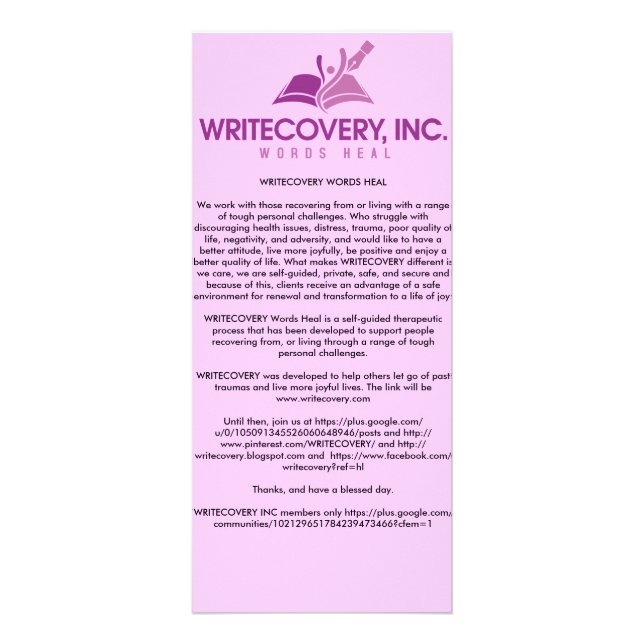 WRITECOVERY Information Card (Front)