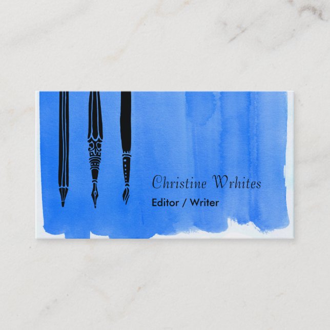 Writer Author Fountain Pen Quill Editor Blue Business Card (Front)