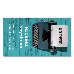 Writer Author Retro Typewriter on Blue Wood Magnetic Business Card