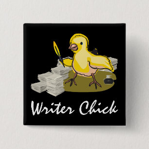 Writer Chick with Paper, Feather Quill and Ink 2 Inch Square Button