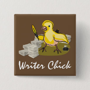 Writer Chick with Paper, Feather Quill and Ink 2 Inch Square Button