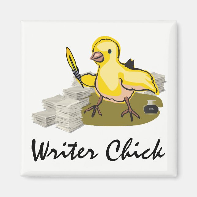 Writer Chick with Paper, Feather Quill and Ink Magnet (Front)