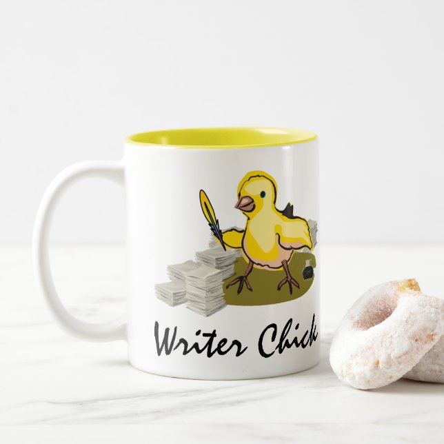 Writer Chick with Paper, Feather Quill and Ink Two-Tone Coffee Mug (With Donut)
