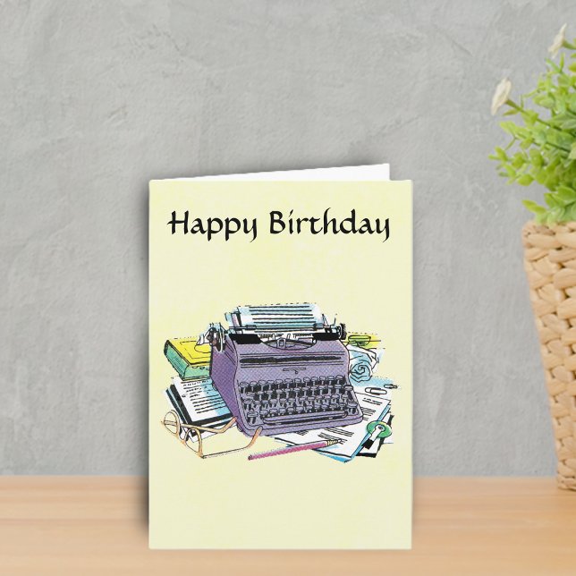 Writer’s Tools Typewriter Paper Pencil Birthday Card (Purple manual vintage typewriter books paper pens for writers on Happy Birthday yellow greeting card)