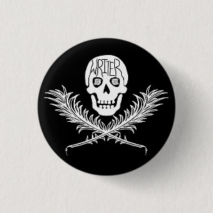Writer Skull and Crossbones Quills White 1 Inch Round Button