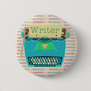 Writer Typewriter Cute Retro Modern Aqua Blue 2 Inch Round Button