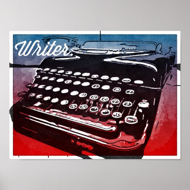 Writer with Typewriter Blue Red Pop Art Poster (Front)
