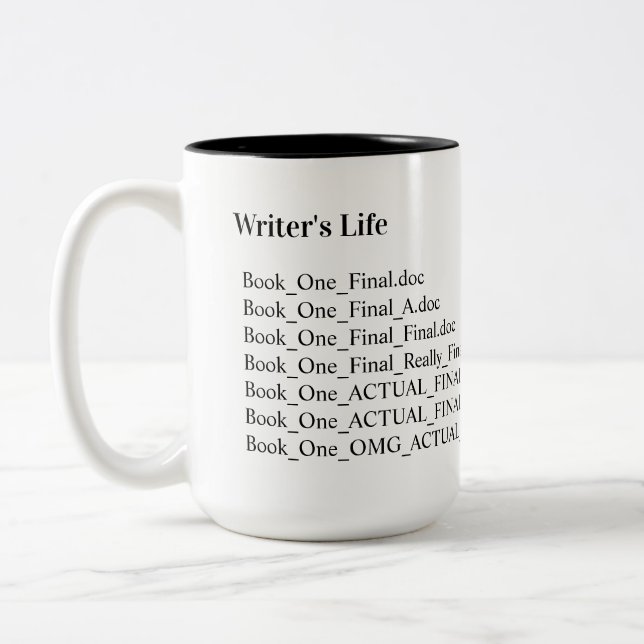 Writer's Life Funny Final Draught File Names Coffe Two-Tone Coffee Mug (Left)