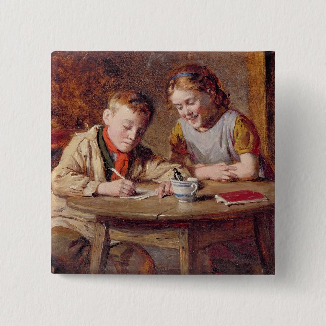 Writing a Letter (oil on panel) 2 Inch Square Button (Front)