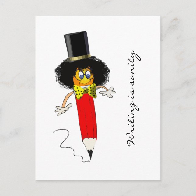 Writing Is Sanity, Funny Clown Head on Pencil Postcard (Front)